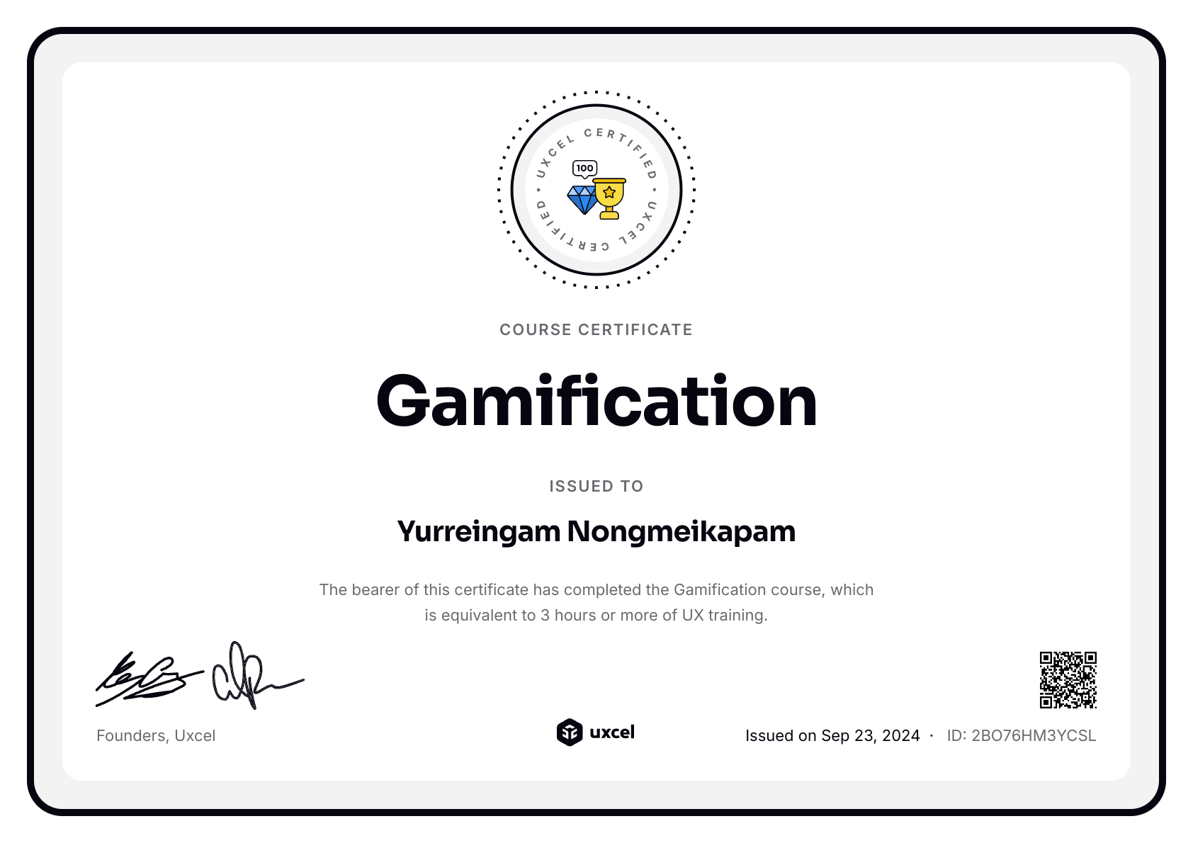 Yurreingam Nongmeikapam's certificate